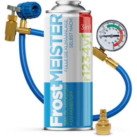 FROSTMEISTER 3in1 400ml - Bomboletta R1234yf + Tubo con Manometro + Adattatore KIT SELF-SERVICE ARIA CONDIZIONATA