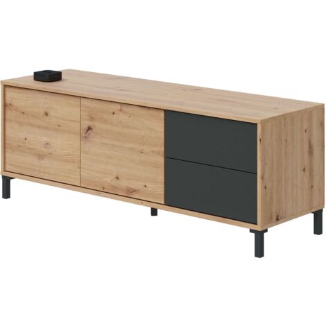 FRS – Meuble TV 130 cm chêne nodi et gris anthracite – 2 portes PUSH – 2 tiroirs métalliques – Compatible téléviseurs jusqu'à 55 pouces