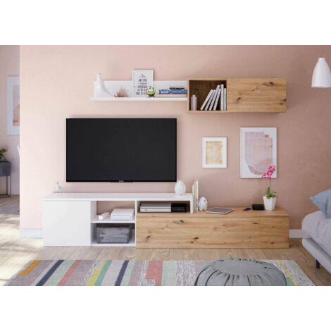 FRS – Meuble TV moderne avec module suspendu et étagère – Dimensions 220x40x44 cm – Couleur chêne effet nœuds et blanc – Panneaux mélaminés résistants