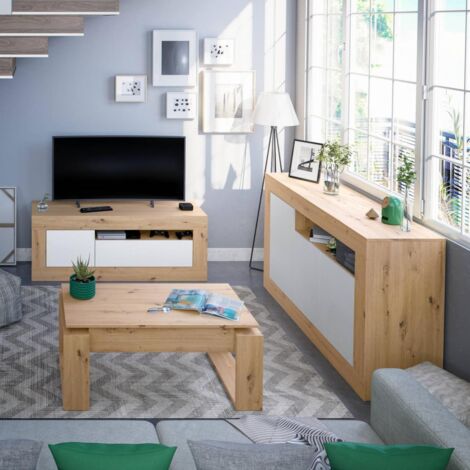 FRS – Table basse relevable chêne Nodi et blanc Artik – Dimensions 105x55x45cm – Charnières métalliques haute résistance – Rangement intégré
