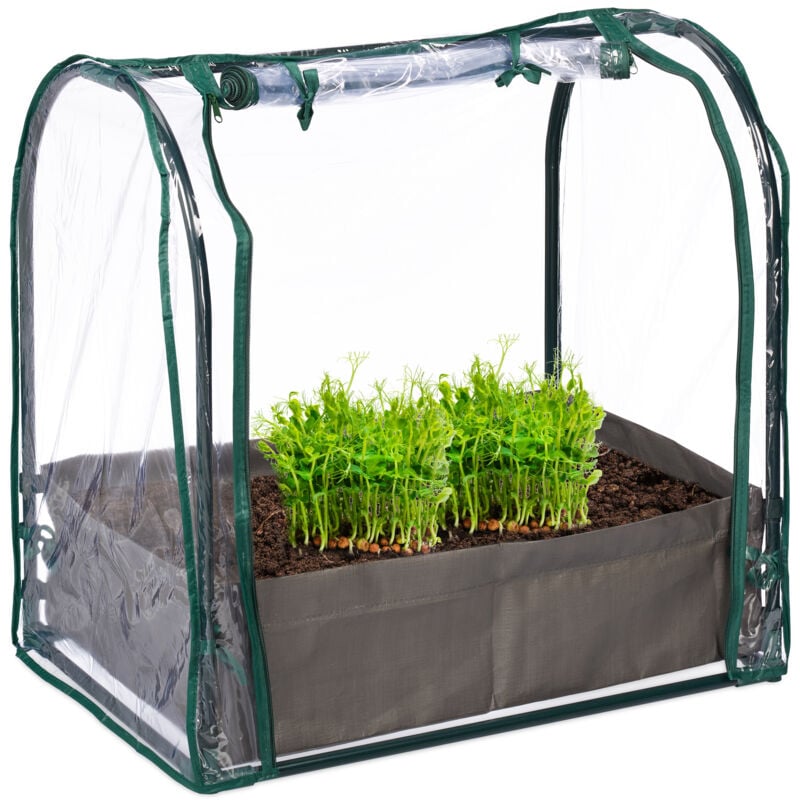 Mini serre avec sac de plantation, hlp : 70x68x50 cm, film en pvc, fermeture à glissière, transparent/vert - Relaxdays