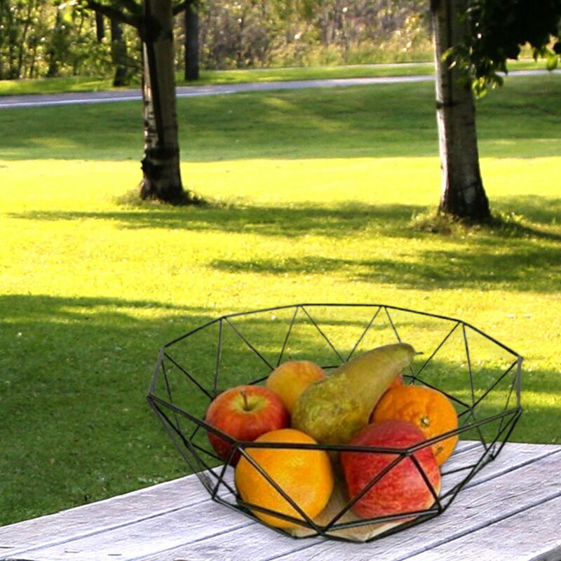 Fruit Bowl Vegetable Basket Geometric Metal Wire Basket Wooden Base Kitchen Lounge Storage