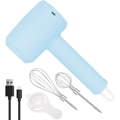 Frullatore elettrico a immersione, senza fili, portatile con 3 velocità, ricaricabile e 2 fruste rimovibili per dolci, sbattitore per uova e crema per frullati (blu)