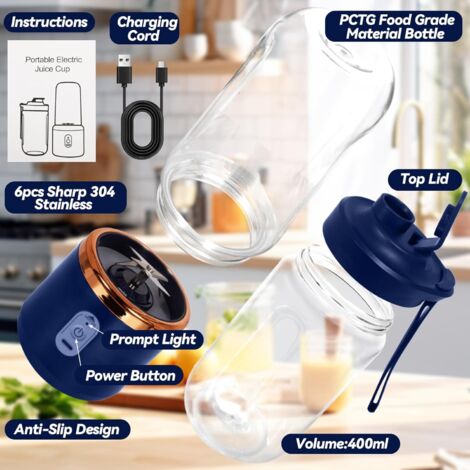 Frullatore elettrico portatile da 400 ml, frullatore per frullati, mini frullatore portatile con 6 lame in acciaio inossidabile ricaricabili per preparare frullati, succhi di frutta, frullati