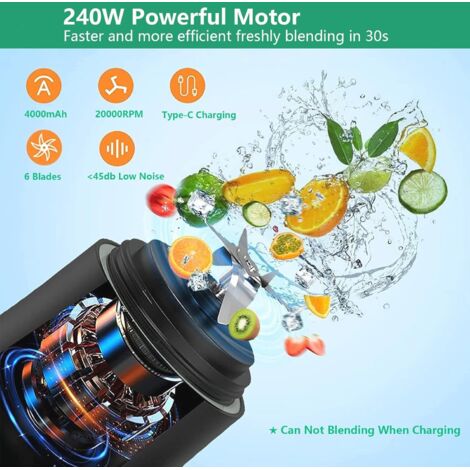 Frullatore portatile, capacità 600 ml, dotato di 6 lame, batteria da 4000 mAh, prepara 20 bicchieri di succo, ideale per viaggi, cucina, ufficio e attività all'aperto. Bianco.