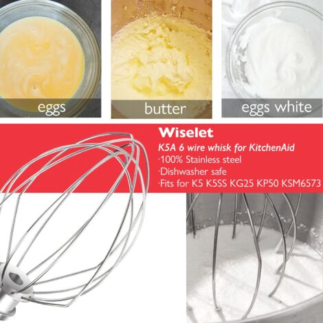 Frusta in acciaio inox per robot da cucina KitchenAid da 5 litri, frusta a 6 fili compatibile con K4/5, K5SS, KSM5, KG25, KF26, KP50, KSM6573, KSM6521, molto resistente, realizzata in acciaio inox 18/