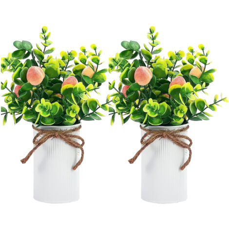 Fruta ornamental artificial, 2 macetas, imitación de melocotón bonsái, para uso interior y exterior, fácil de cuidar.