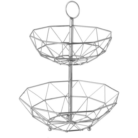 Frutero geométrico de 2 alturas plateado de metal cromado de Ø 29x38 cm -