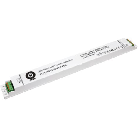 FTPC100V12-S-PCT-PDS : Alimentation LED 12 V/8,33 A, boîtier plastique mince, bornes à insertion rapide, variation d’intensité par pression (secondaire)