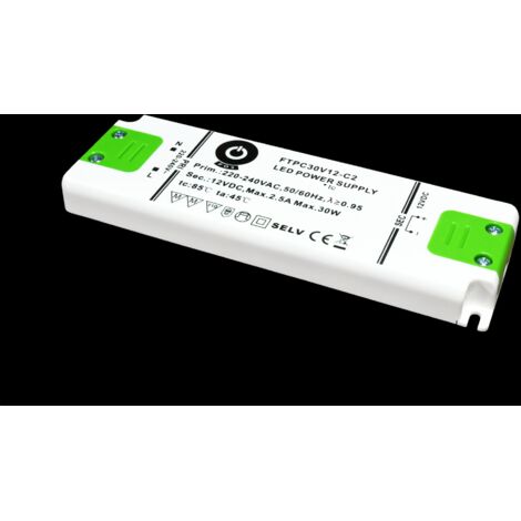 FTPC30V24-C2 : Alimentation LED 24 V/1,25 A CV, boîtier plastique compact, ultra-mince (154 × 50 × 14 mm).