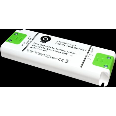 FTPC60V12-C2 : FTPC60V12-C2 : Alimentation LED 12V/5A CV, boîtier plastique compact, ultra fin 160 x 58 x 18 mm