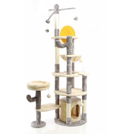Fudajo Árbol rascador para gatos en gris claro 172cm con casa y superficies de reposo bolas sisal