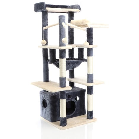 Fudajo Árbol rascador para gatos en gris oscuro 134cm con cueva y hamaca plataformas postes sisal