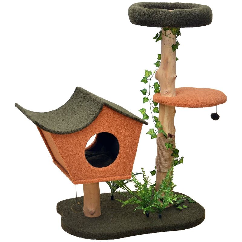 Arbre à chat 114 cm Deco végétale Bois de poirier Tissu extra-doux Cabane asymétrique Balles - Fudajo