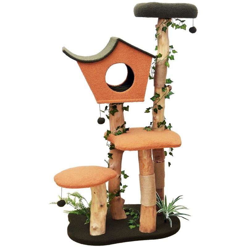 Fudajo - Arbre à chat 154 cm Deco végétale Bois de poirier Tissu extra-doux Cabane asymétrique Balles