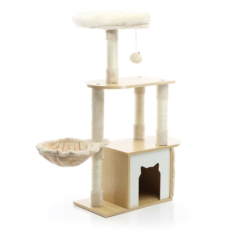 Arbre à chat Bois Beige 106cm Griffoir Maisonnette Hamac Balle Jeu Ludique Animal domestique - Fudajo