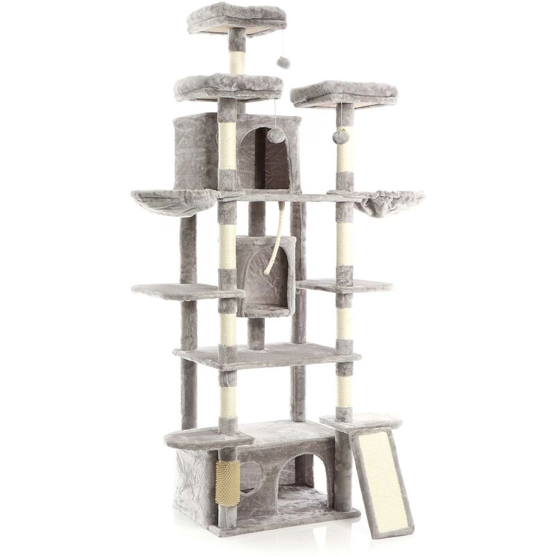 Arbre à chat gris avec Sisal 198cm Arbre de grattage av. Planche de grattage, Niches, Maisons - Fudajo