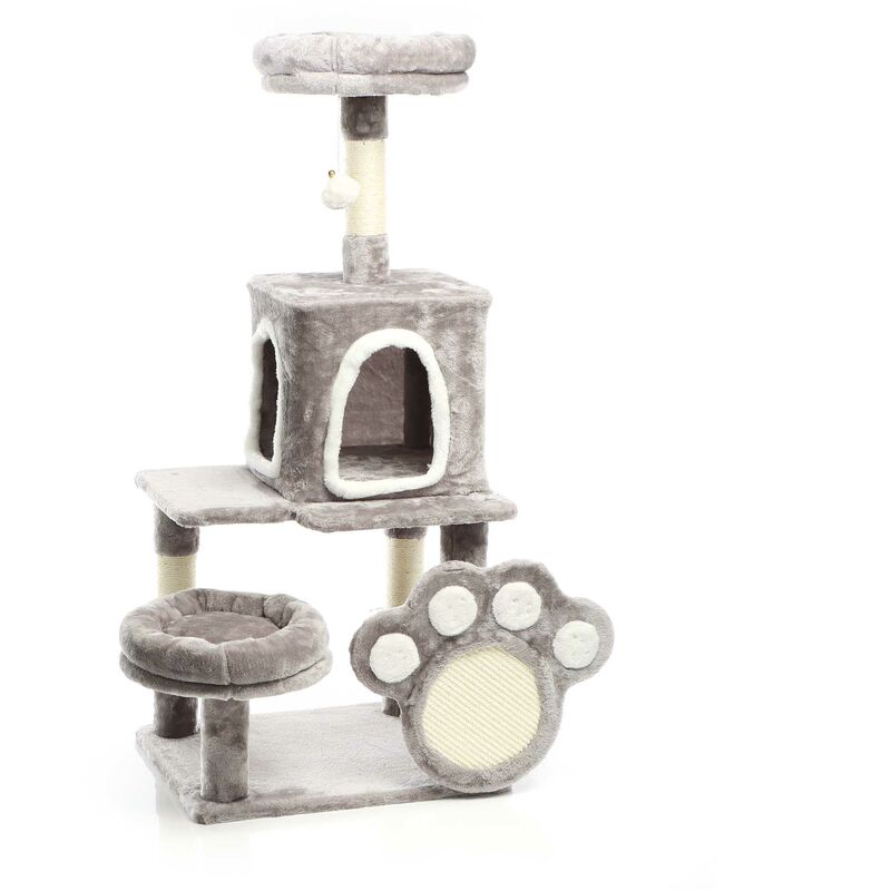 Arbre à chat gris Griffoir Forme patte 111cm Sisal Niche Maisonnette Jeux Balle - Fudajo