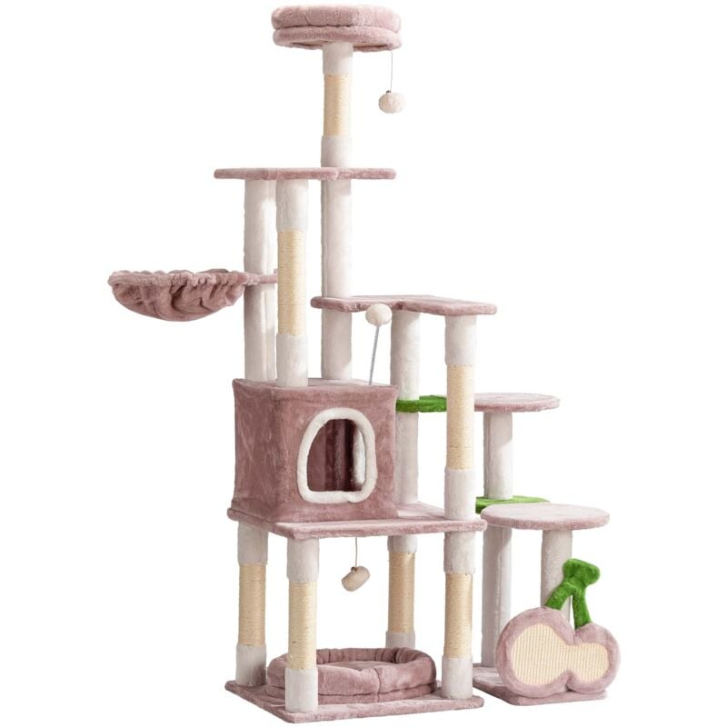 Arbre à chat rose « Cerise » de 162 cm de haut Arbre de grattage Sisal Maison Zones de repos - Fudajo