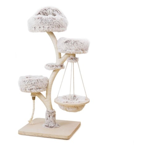 Fudajo Arbre Chat Design 130cm Beige et marron Forme Branche avec Peluche et Sisal Tronc de grattage Hamac Grattoir Tour Mobilier ludique Animal domestique