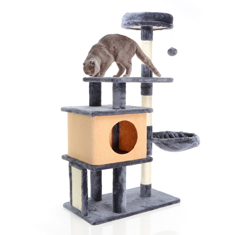Fudajo Arbre à chat Gris foncé Hauteur 112 cm Griffoir Escalade Abri Niche Animal domestique Jeux