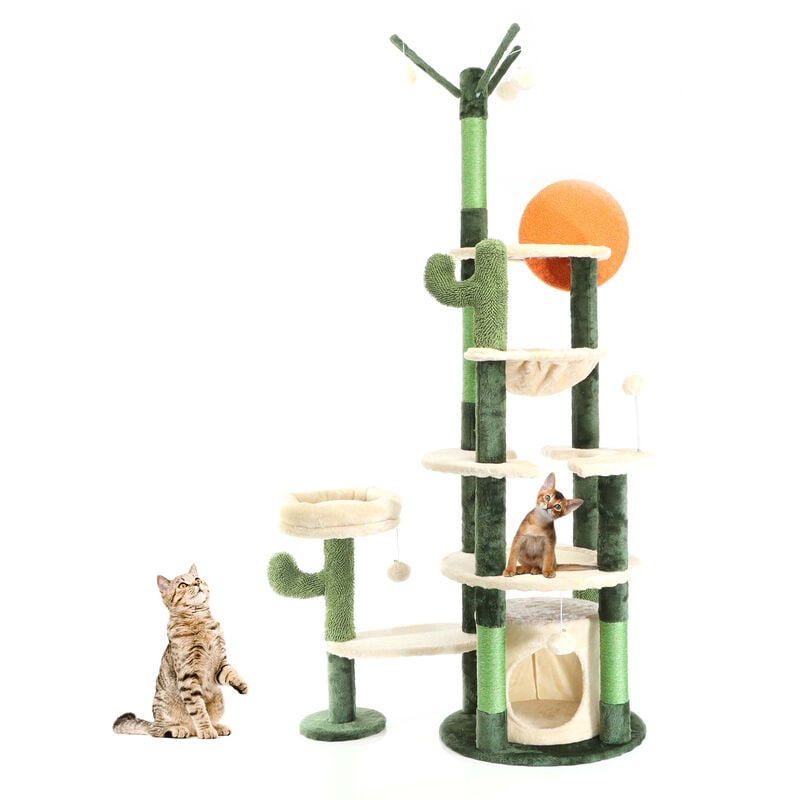 Arbre à chat Vert cactus Hauteur 172cm Maisonnette Abri Hamac Balles Jeu Animal domestique - Fudajo