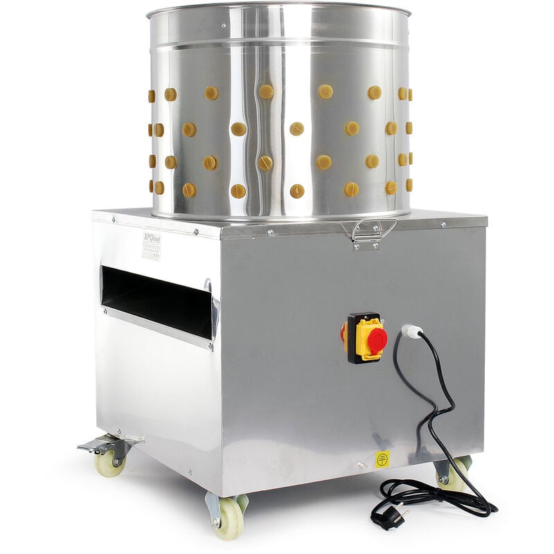 Plumeuse à volailles – 565 x 560 x 945 mm – en Acier fin – 1500 w – avec Tambour ø 50 cm, Raccord eau, 130 doigts, roulettes – pour Plumaison canards
