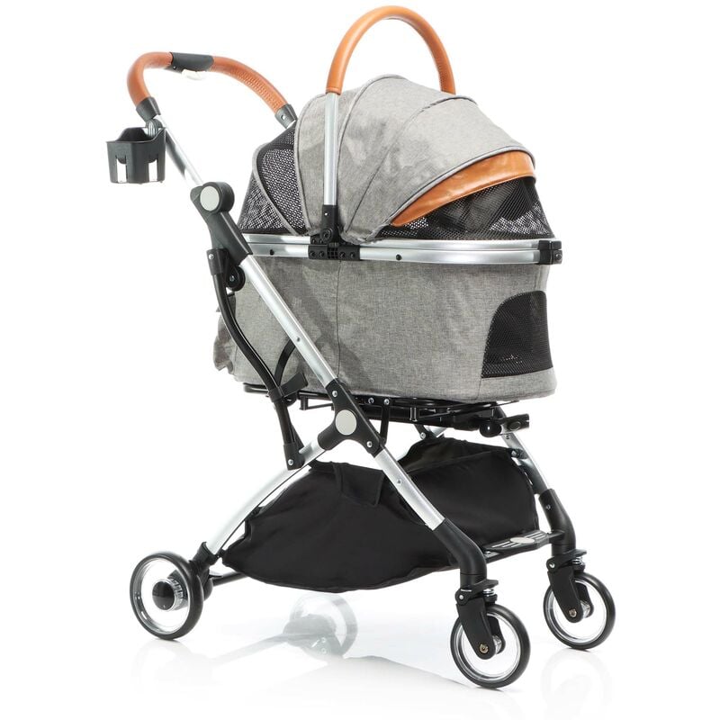 Poussette pliable pour chiens et chats 2 en 1 – Capacité max. 15 kg – Grise – en Aluminium – avec Sac de transport amovible et Rack – Buggy Chariot