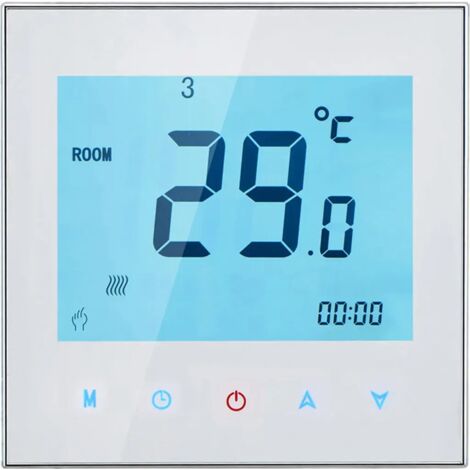 Fünf-Ampere-Raumthermostat, 110 bis 230 Volt, mit Wochenprogrammierung und Touchscreen für die Heizung.