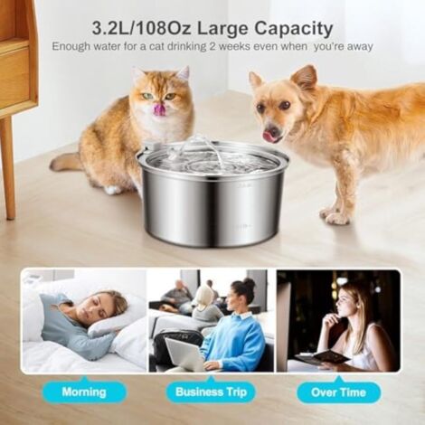 Fuente de agua para gatos Pawira, ultra silenciosa, de acero inoxidable, 3,2 L, color plata, con 10 elementos filtrantes.