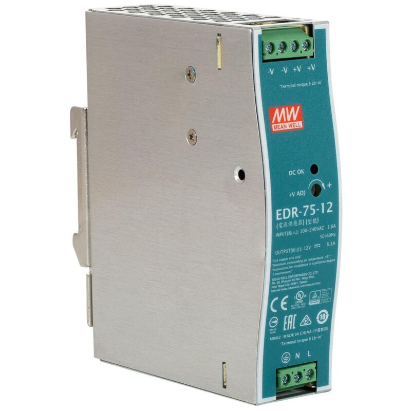 

Fuente de Alimentación MEAN WELL 75W 12V 6.3A EDR-75-12 para carril DIN 75 W - 75 W