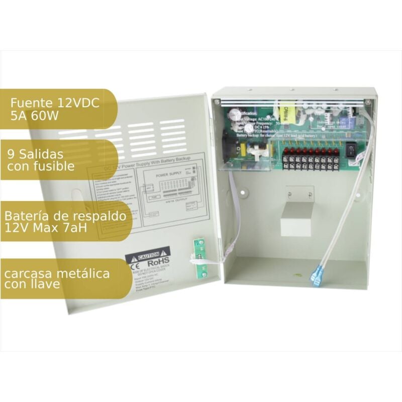 

Fuente de alimentación 220V-12Vdc 5A carga batería 9 salidas armario - Jandei