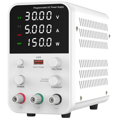 Fuente de alimentación de laboratorio de CC de 30 V 5 A regulada CV/CC – Pantalla digital, puerto USB, codificador de ajuste