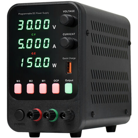 Fuente de alimentación de laboratorio de CC variable de 30 V y 5 A con pantalla digital – CV/CC, puerto USB, alarma de cortocircuito