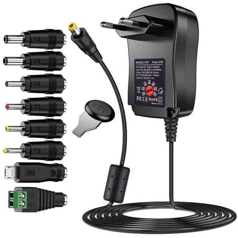 Fuente de alimentación universal CA/CC KZQ de 41 W (6 V, 9 V, 12 V, 15 V, 18 V, 20 V y 24 V) con 8 puertos adaptadores seleccionables y cable de carga de 123 cm.