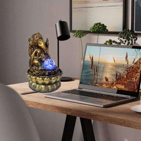 Fuente de mesa decorativa con forma de Buda, fabricada en resina con iluminación LED, humidificador relajante con circulación de agua, modelo "Elefante de Agua", con enchufes europeos (220–240 V).