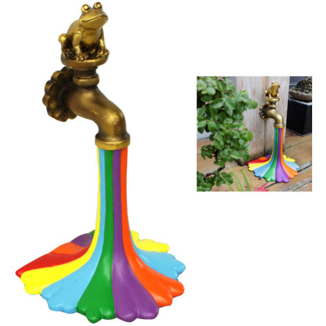 Fuente decorativa de resina con motivo de rana y arcoíris, dimensiones 11,5 x 10 x 19 cm, escultura artesanal para terraza y jardín.