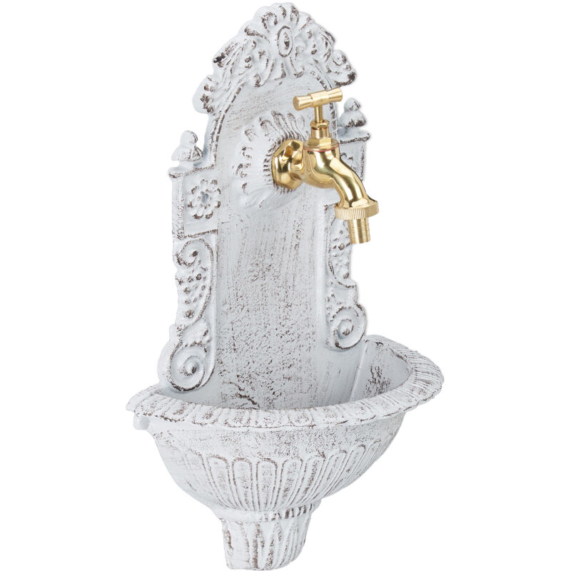 

Relaxdays - Fuente Jardín de Pared, Diseño Antiguo, Con Grifo, Aluminio Fundido, Shabby, 1 Ud., 40 x 24,5 x 13 cm, Blanco