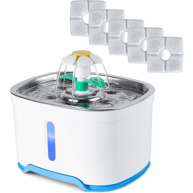 

Fuente para Gatos, Bebedero Gatos con 5 Filtros de Carbón Activado, con Ventana de Nivel de Agua, Luz LED, Bandeja de Acero Inoxidable, Dos