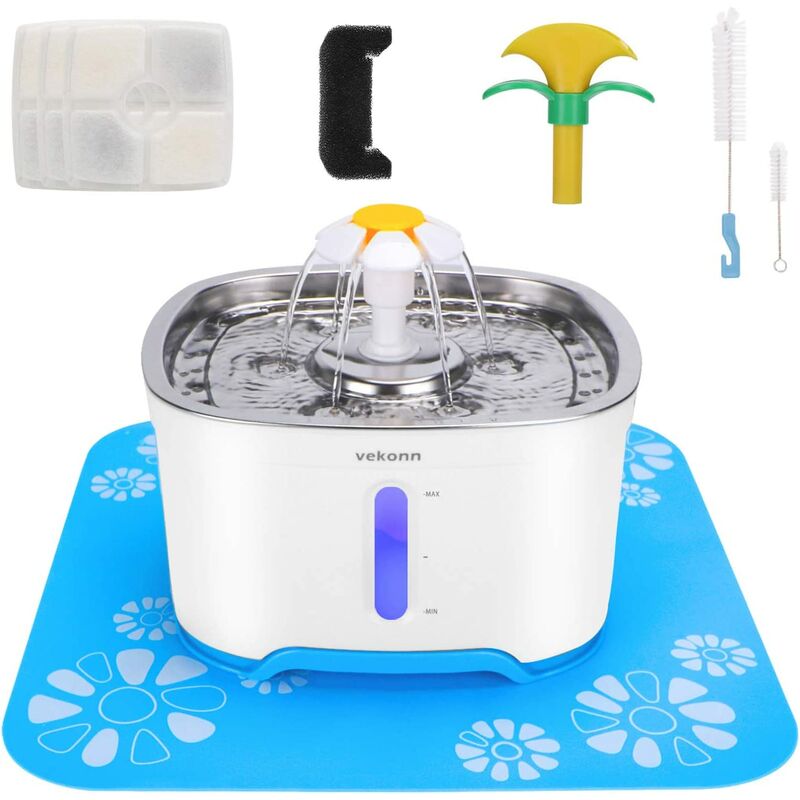

Fuente, tapa de acero inoxidable y bomba de apagado automático inteligente, fuente para mascotas con 3 filtros de carbón, 1 tapete y 2 cepillos de