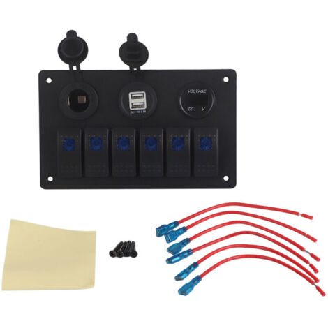Für 12V/24V 6-fach-Elektropanel für Boote/Autos/Marine/Wohnwagen mit LED-Wippschalter, zwei USB-Anschlüssen, Voltmeter, Zigarettenanzünder und wasserdichtem Wippschalter