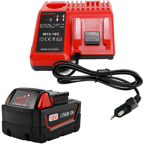 für Milwaukee M18B5 18V 5.0Ah XC Lithium Ion Akku mit M12-18C Ladegerät (Ladegerät Ersatz für Milwaukee M18B5 12V18V Akku), für Milwaukee 48-11-1860, 48-11-1852, 48-11-1850, 48-11-1840, 48-11-1822