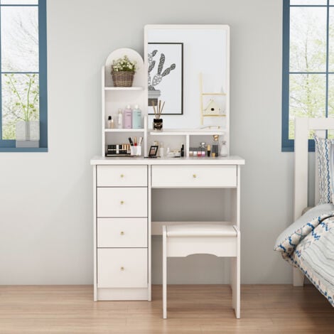 FUFU&GAGA Coiffeuse avec Miroir et Tabouret,Meuble de Rangment,Table de Maquillage avec Rangement 5 Tiroirs étagères Blanc