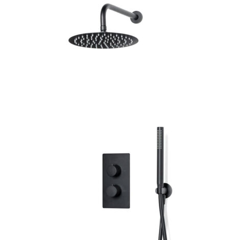 FugaFlow Eccelente Sobrado Colonne de douche pluie à encastrer thermostatique avec douche de tête 25cm et douchette stick carré Noir mat