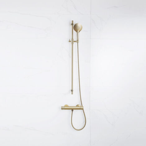 FugaFlow Eccelente Sobrado Ensemble de douche barre curseur avec douchette ronde, flexible en métal et robinet de douche Laiton brossé PVD