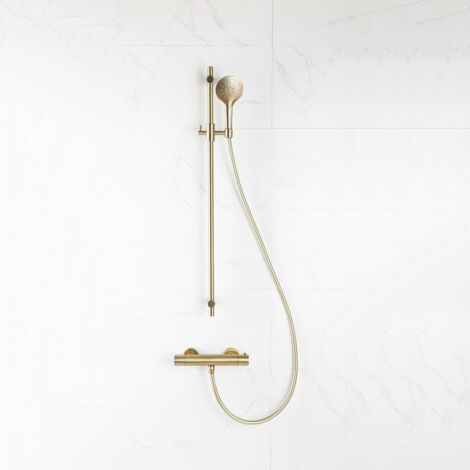 FugaFlow Eccelente Sobrado Ensemble de douche barre curseur avec douchette ronde, flexible lisse et robinet de douche Laiton brossé PVD