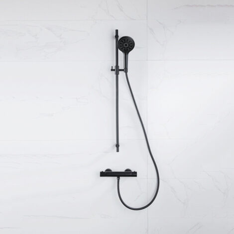 FugaFlow Eccelente Sobrado Ensemble de douche barre curseur avec douchette ronde, flexible lisse et robinet de douche Noir mat