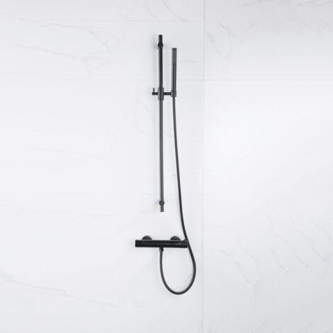 FugaFlow Eccelente Sobrado Ensemble de douche barre curseur avec douchette stick, flexible en métal et robinet de douche Noir mat