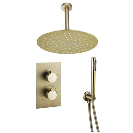 FugaFlow Eccelente Sobrado ensemble de douche pluie encastré bras de plafond thermostatique 20cm avec barre de douche 25cm douche à main laiton brossé