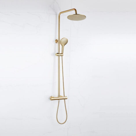FugaFlow Eccelente Sobrado Ensemble de douche pluie - thermostatique - pommeau 25cm - douchette ronde - Laiton brossé PVD